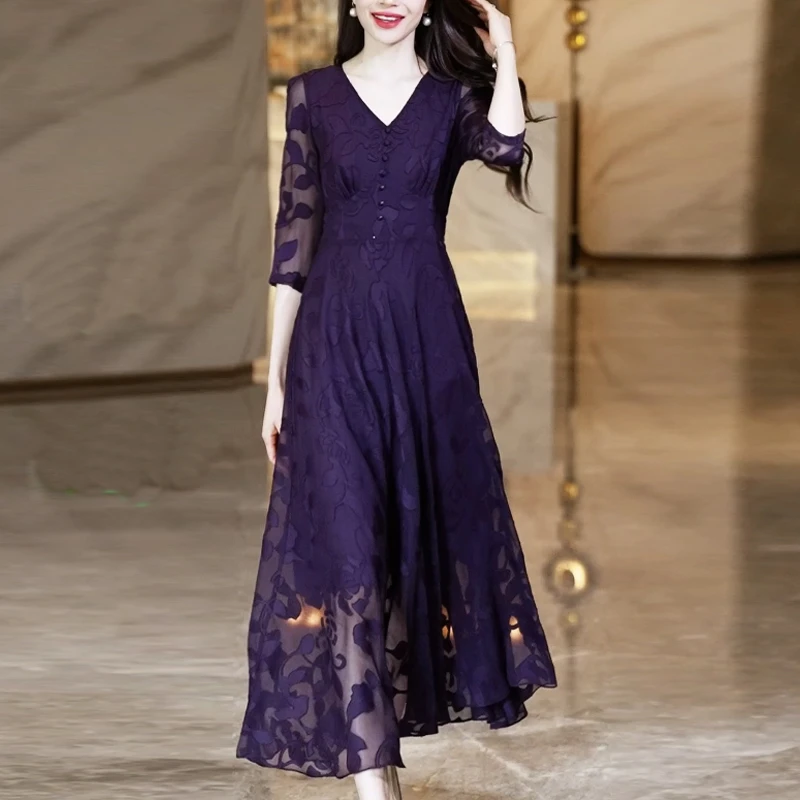 紫色连衣裙春季2025新款高级感气质V领显瘦裙子大摆飘逸长裙1308