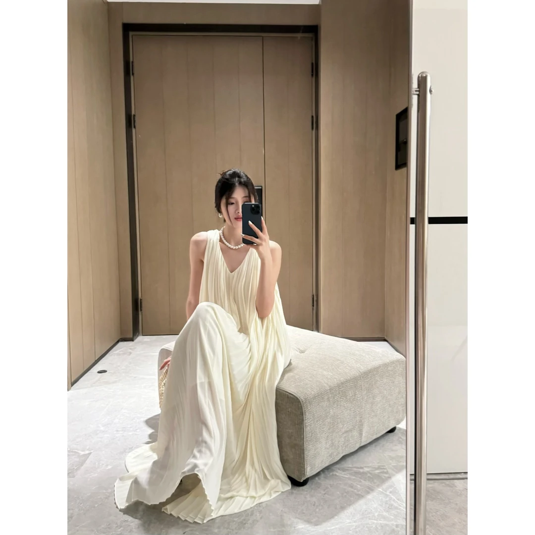 Ah·Jing 梓静【芍药】法式重工高定杏白色立体百褶无袖连衣裙0064