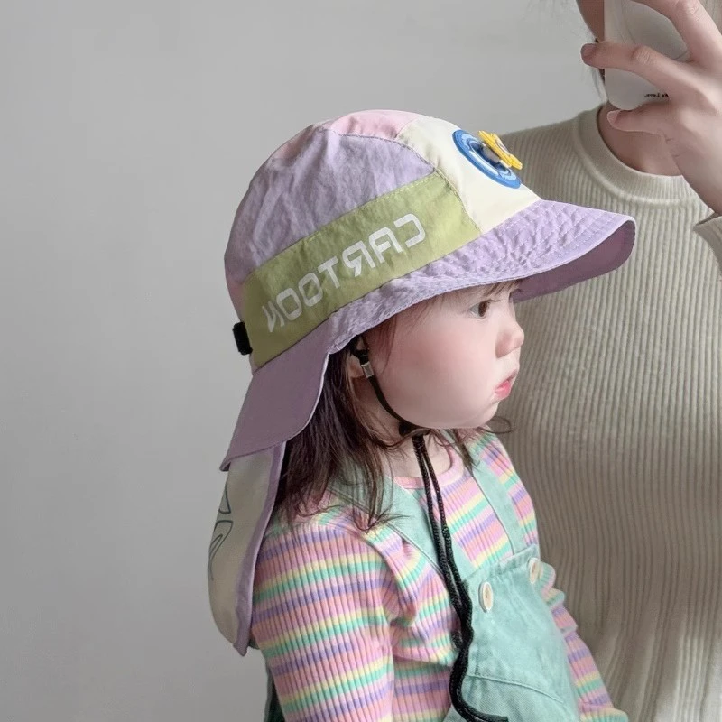 儿童帽子夏春秋薄款宝宝透气遮阳帽拼色披肩帽潮儿童渔夫帽带披肩