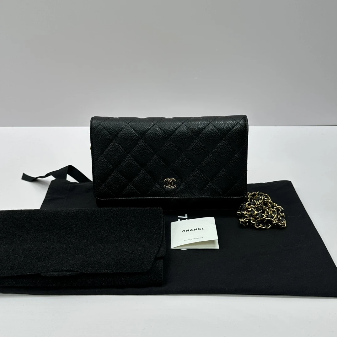 99新 Chanel/香奈儿 黑金荔枝牛woc单肩斜挎链条包 05225