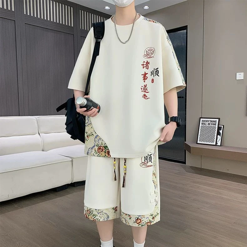 国潮风t恤男夏季潮牌套装新中式休闲运动撞色短袖短裤两件套学生