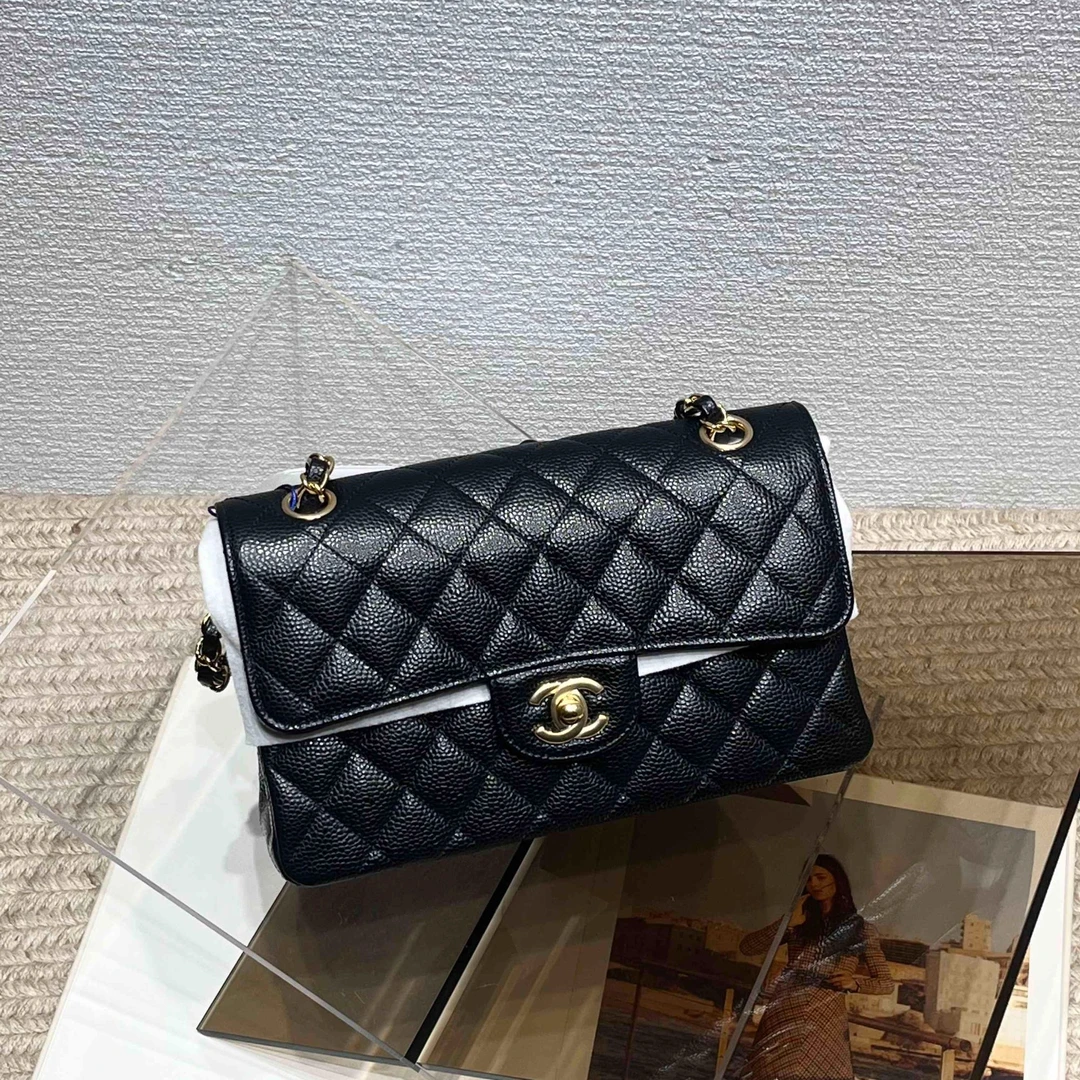 99新 Chanel/香奈儿 黑金荔枝纹牛皮CF小号