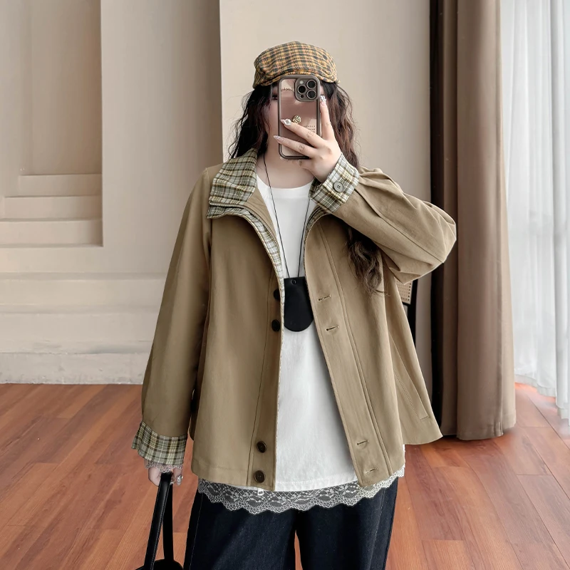 DC7117大码女装【潮牌复古夹克】胖mm春季撞色格子拼接宽松休闲外套