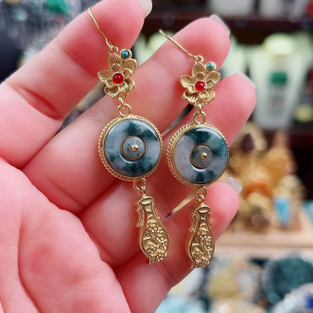 翡翠银S925镶嵌耳饰国风