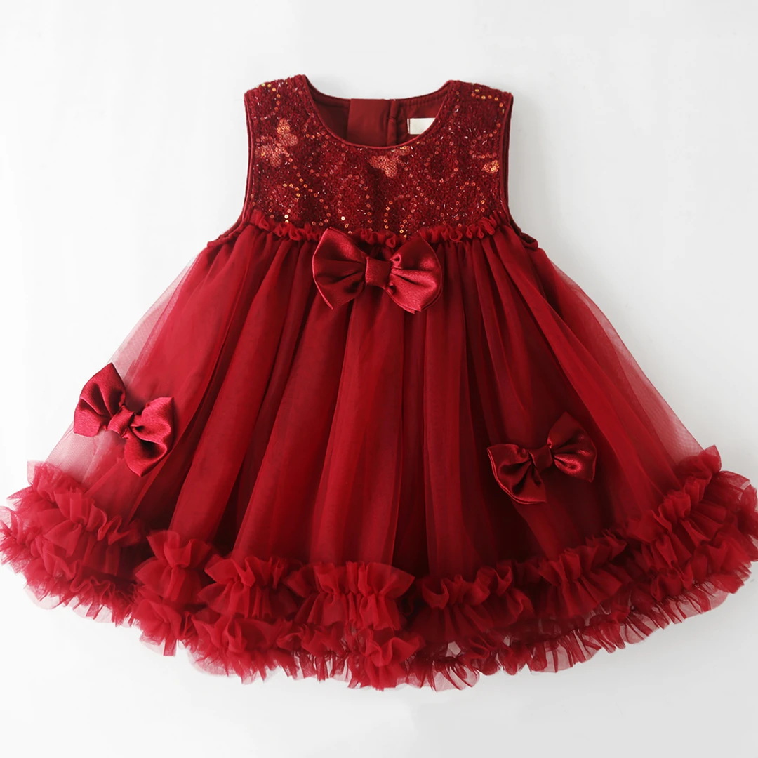 女童蝴蝶结背心裙秋冬裙子洋气公主裙儿童宝宝红色连衣裙蓬蓬纱裙