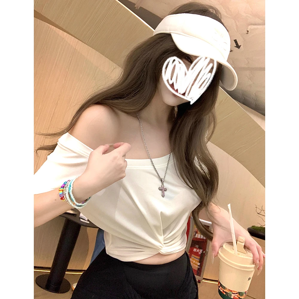 气质斜领露肩短袖T恤女夏季白色辣妹风性感扭结收腰显瘦短款上衣