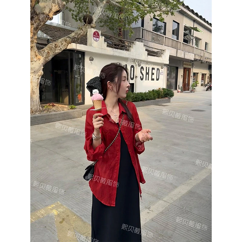 熙贝薇7 欧货苎麻纹理感单排扣翻领简约纯色长袖上衣衬衫 G7500