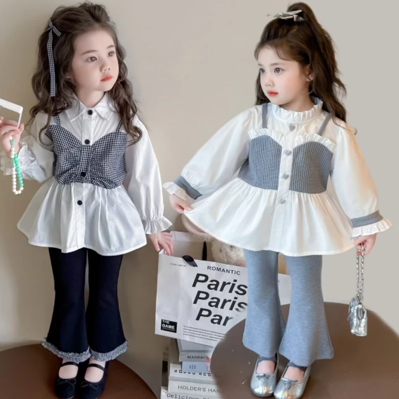 【气质女孩】女童洋气套装2025秋装新款儿童长袖衬衫喇叭裤两件套