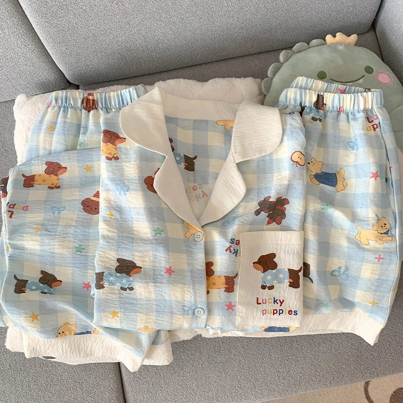 卡通可爱睡衣女夏季2025新款云朵棉短袖三件套薄款夏天学生家居服