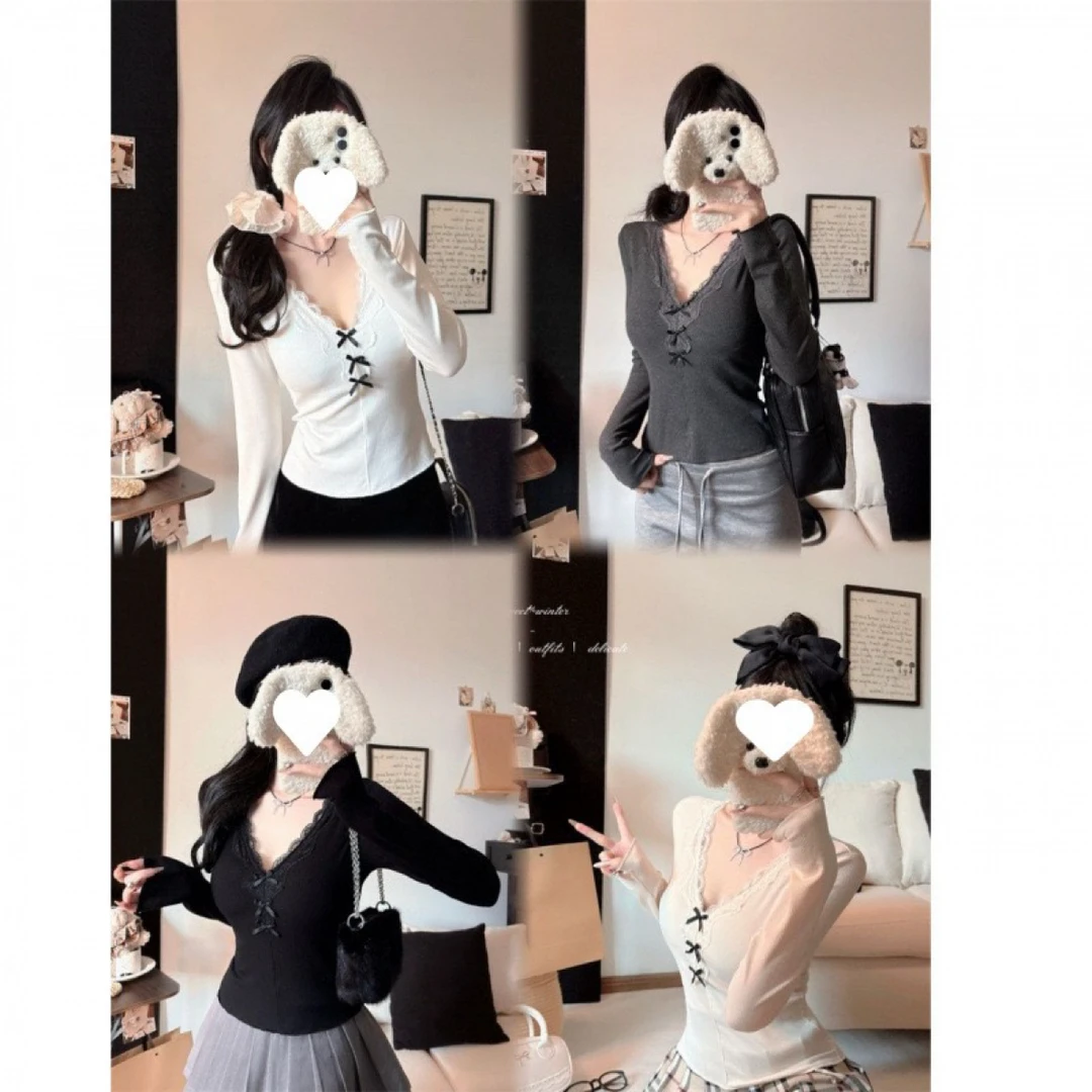 带胸垫蕾丝花边V领打底衫女秋季修身显瘦纯欲甜辣蝴蝶结上衣