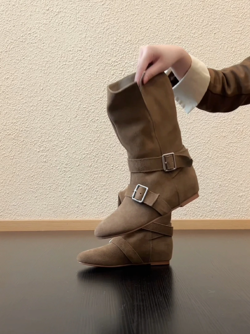 Pokoy-2.8cm复古磨砂圆头设计感双皮带扣翻折两穿内增高中筒靴