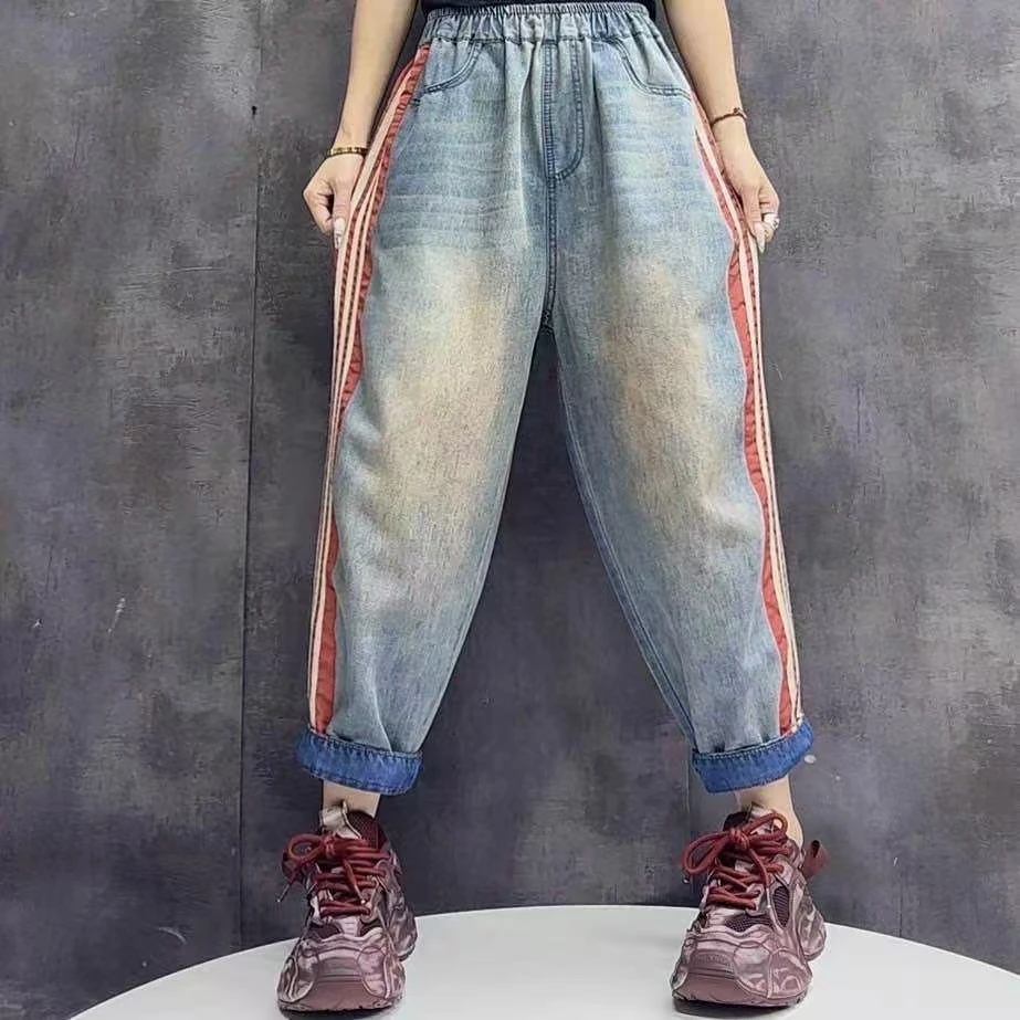 58308侧边贴布彩条复古时尚文艺女牛仔裤显瘦哈伦宽松大码水洗