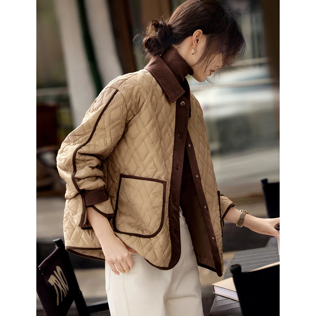 女装简约宽松大方轻薄翻领休闲拼色棉衣棉服冬季新款保暖上衣外套