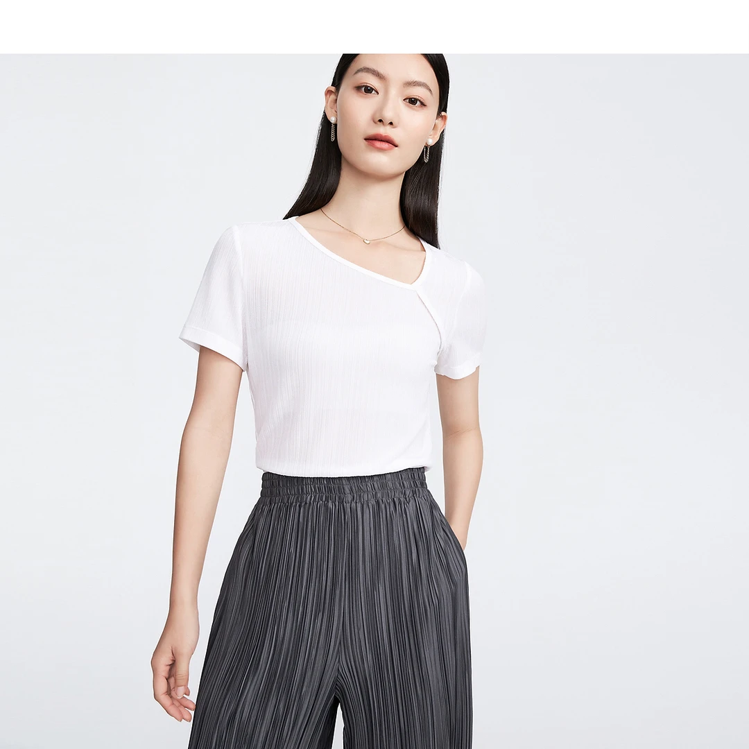 迪赛尼斯夏季醋酸小众简约白色不规则领纯色短袖T恤女