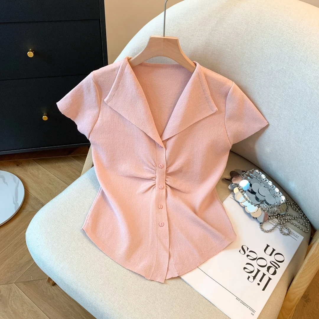 夏季韩版气质纯色Polo领短袖排扣开叉针织短袖上衣女3620