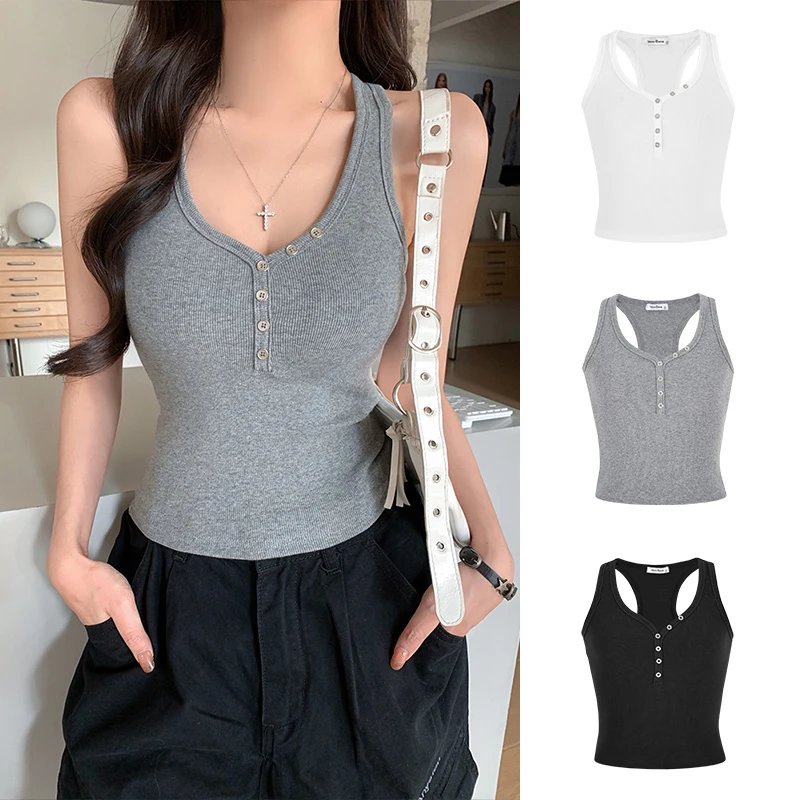 Moses Queen/魔西女王美式复古V领排扣吊带背心修身显瘦短款上衣