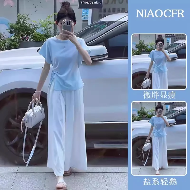 2025夏季新款女士清纯系松弛感套装短袖T恤高腰阔腿裤爆款两件套