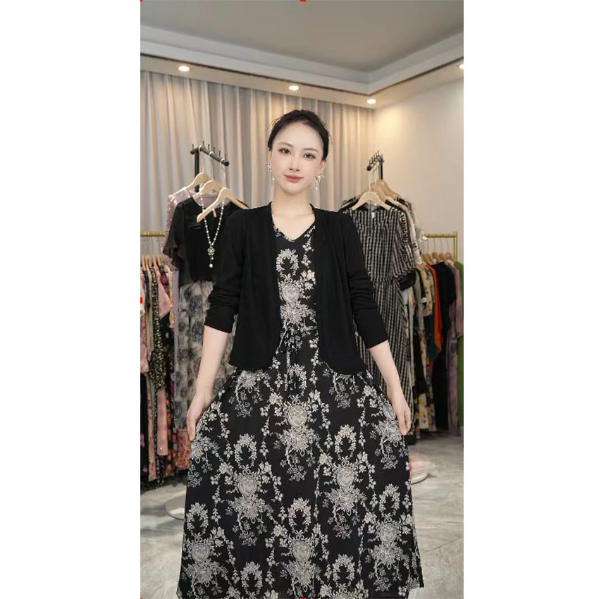 L068 2025年春季新款显瘦气质时尚碎花连衣裙防嗮外披套装两件套