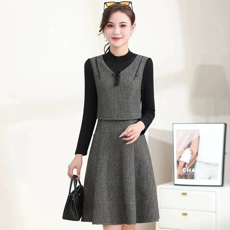 L 025春秋款气质轻奢时尚优雅假两件荷包款连衣裙