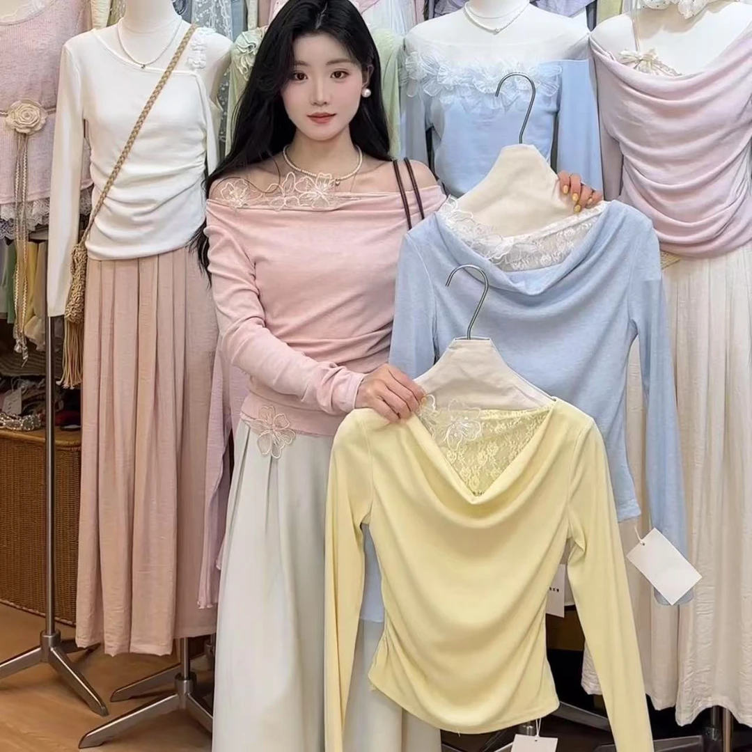 一字领短款纯色蕾丝常规长袖T恤时尚气质打底衫内搭网红显瘦