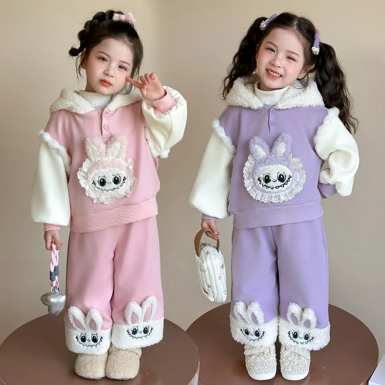 女童拉布布拼色套装加厚冬季2025新款女孩卡通保暖休闲加绒两件套