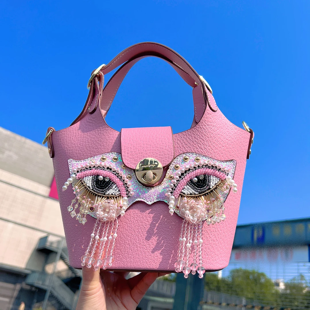 轻奢时尚女士潮流小包包斜挎包补丁三色猫头鹰面具牛皮换脸包