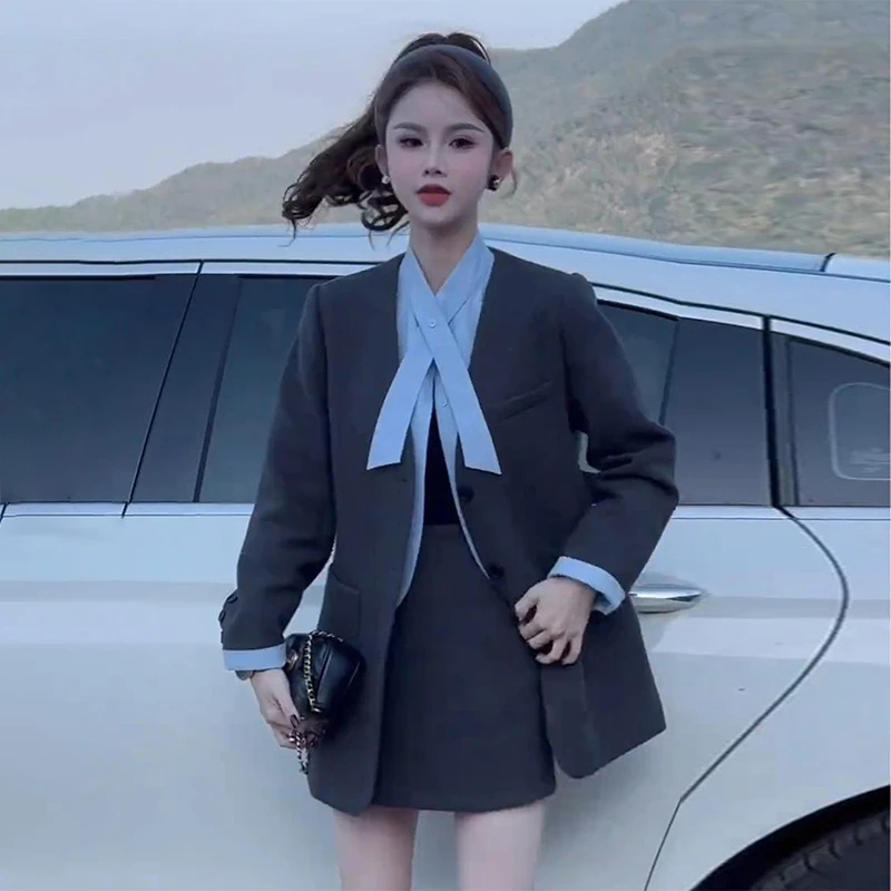 韩系搭配一整套冬装西装款假两件衬衫外套女秋冬a字半裙两件套装