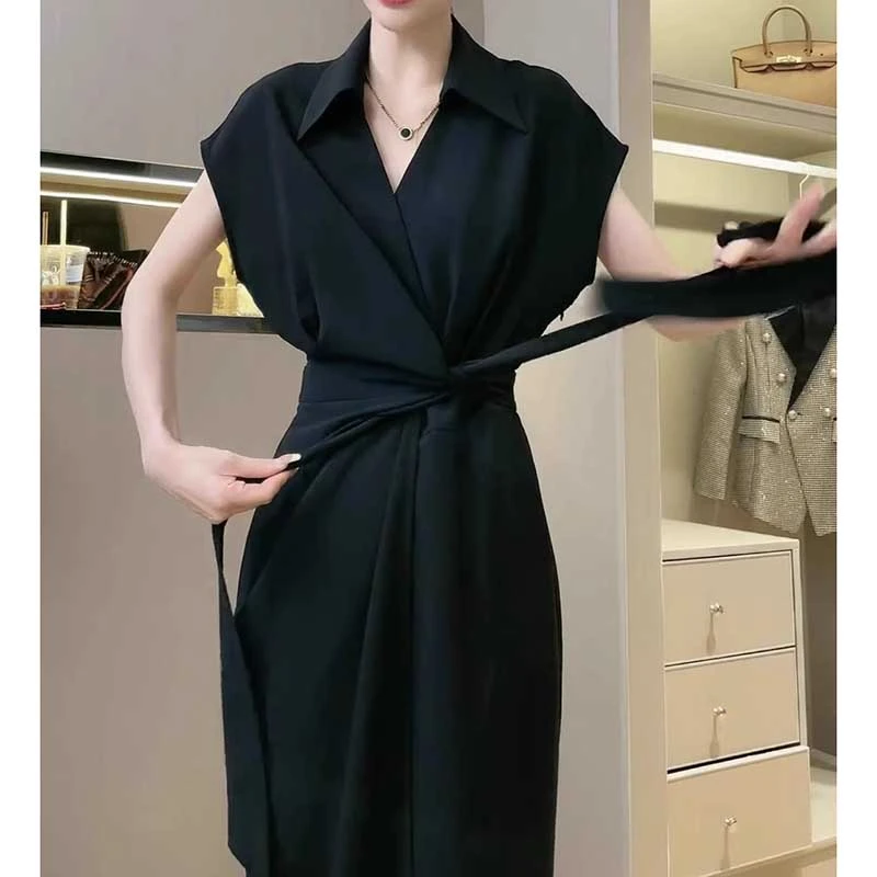 法式2025夏气质收腰显瘦连衣裙女一片式绑带衬衫裙小黑裙D1019