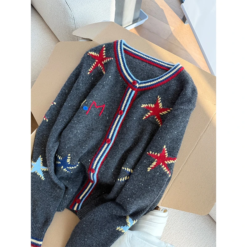 【丹姐家~海星】设计感拼色单排扣针织开衫