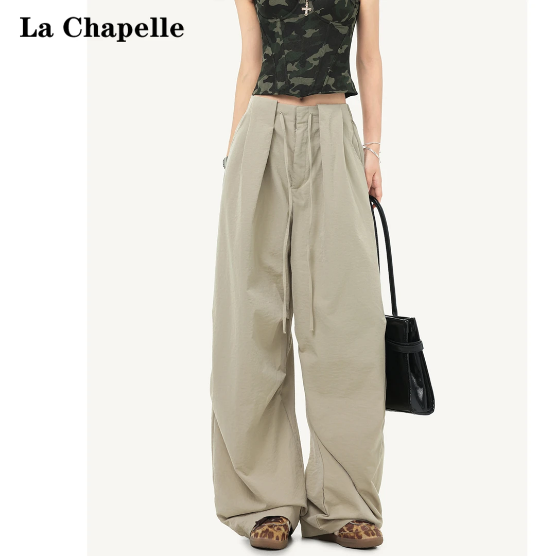 拉夏贝尔复古卡其休闲裤女2025夏季薄款高腰速干伞兵显瘦阔腿裤子