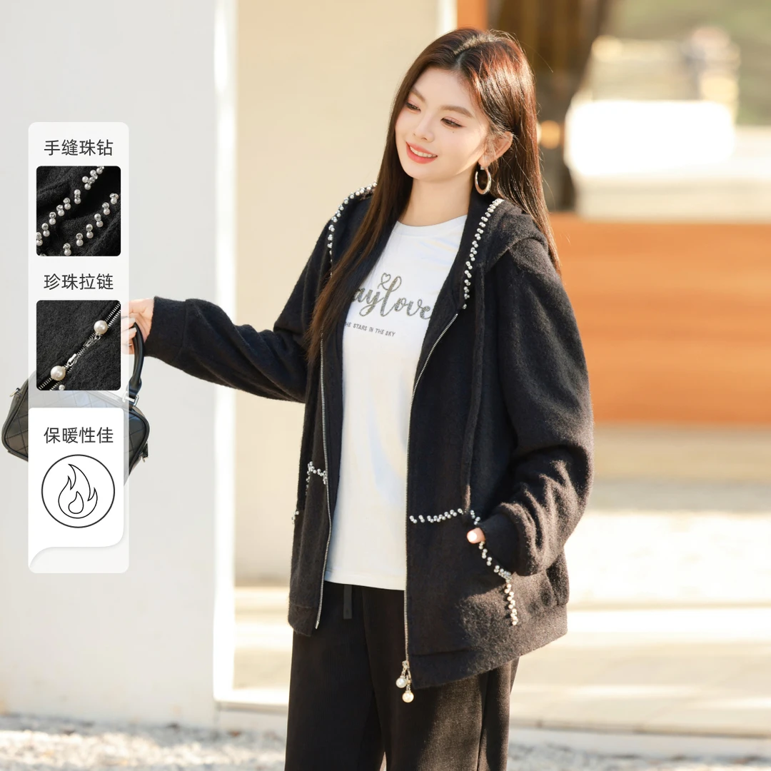 【春款&手缝珠钻】MsShe大码女2025羊毛混纺针织呢连帽外套E2501013
