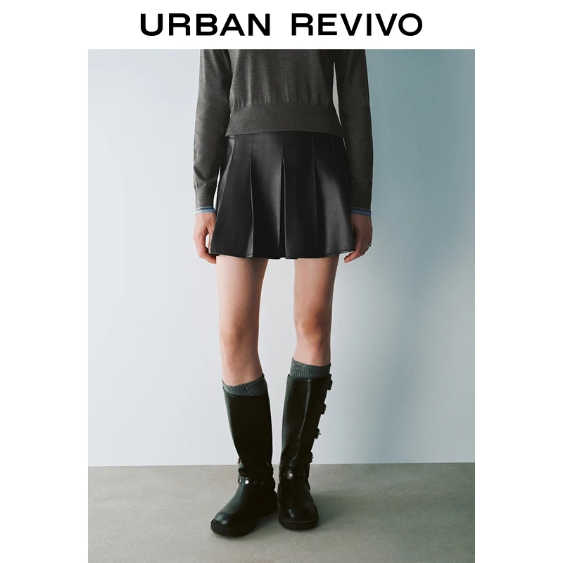 【HOT】UR2025秋季新款女装摩登都市PU短款百褶半裙UYU550074