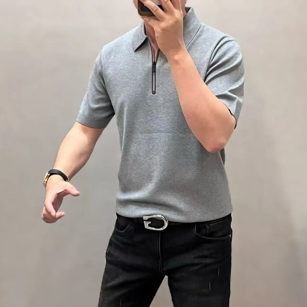 新款高端男士时尚轻奢半拉链翻领短袖羊毛衫5731