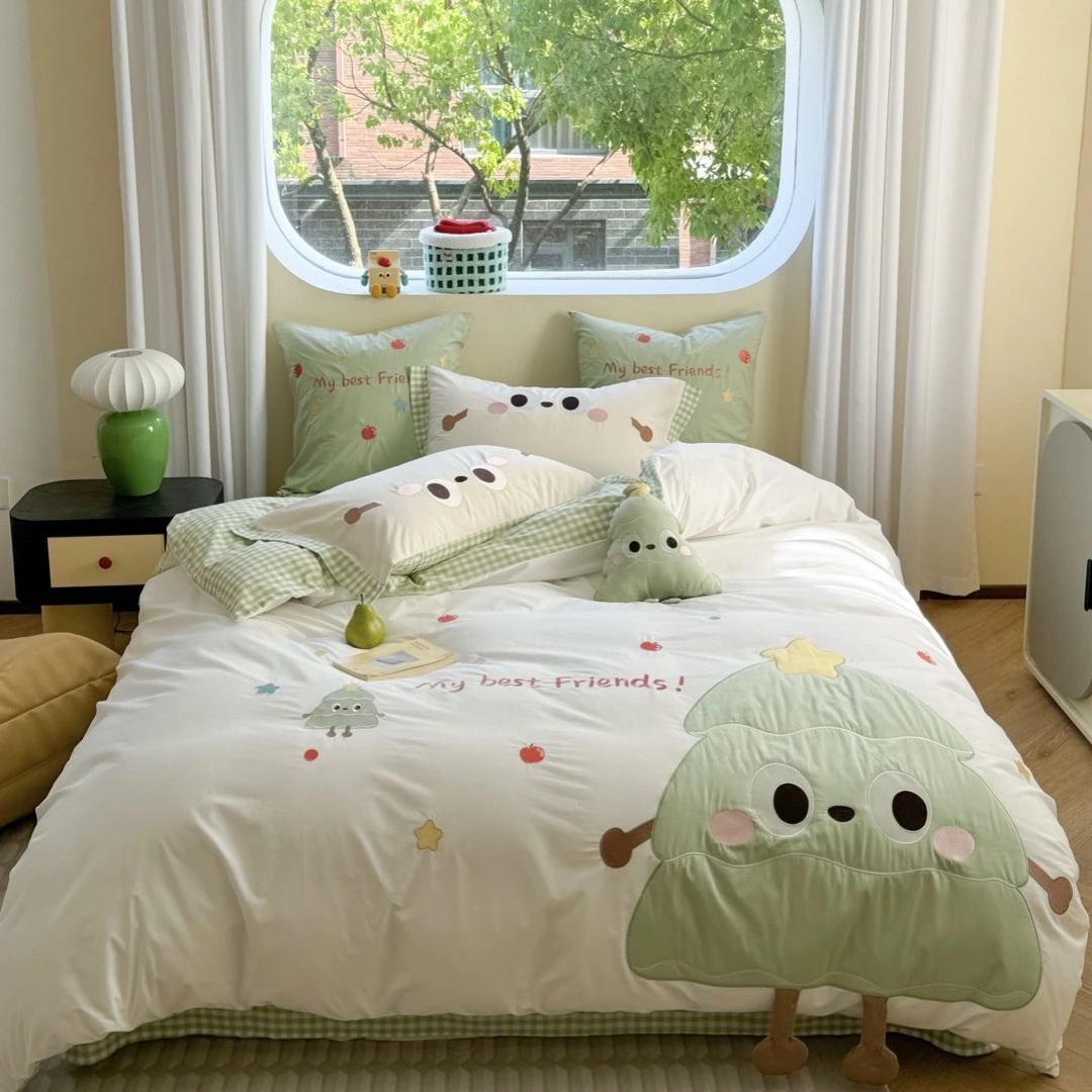 小温暖小树全棉纯棉水洗棉四件套小清新卡通四件套宿舍床上学生