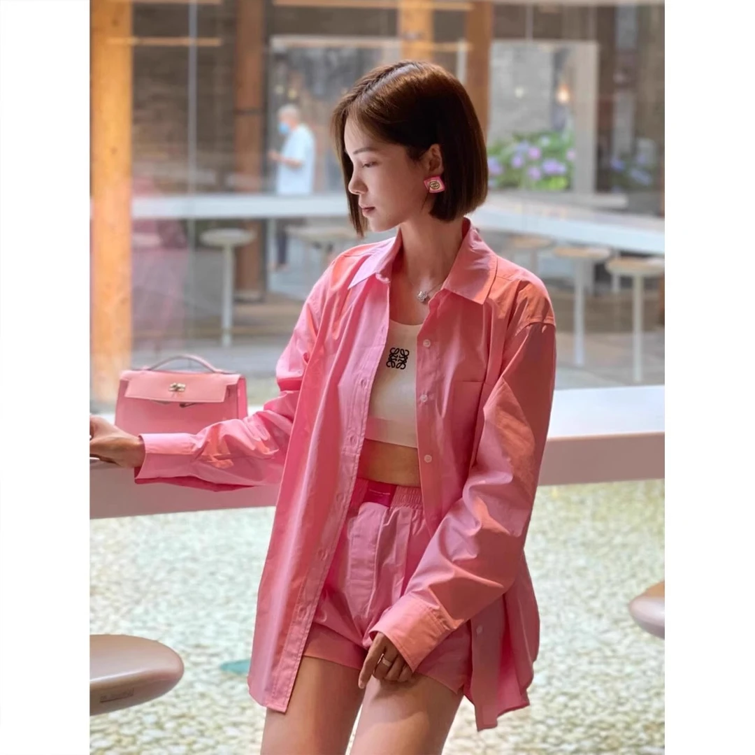 小香风粉色少女运动套装防晒夏装网红炸街早秋长袖衬衫短裤两件套