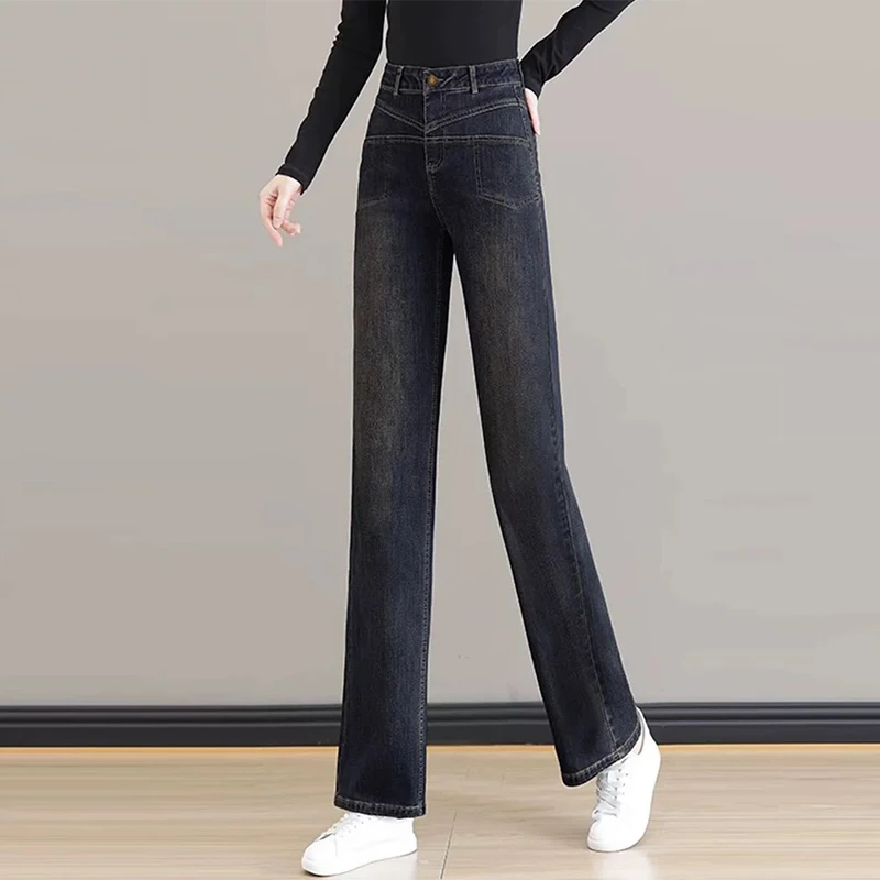 2025年新款秋冬季大码宽松阔腿牛仔裤女士高腰直筒裤春显高百搭