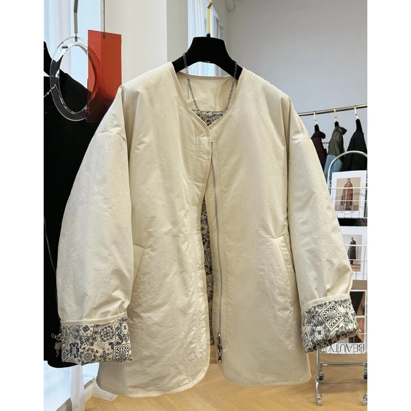 P0514复古别致独特超好看圆领棉服女秋冬慵懒松弛感休闲棉衣外套