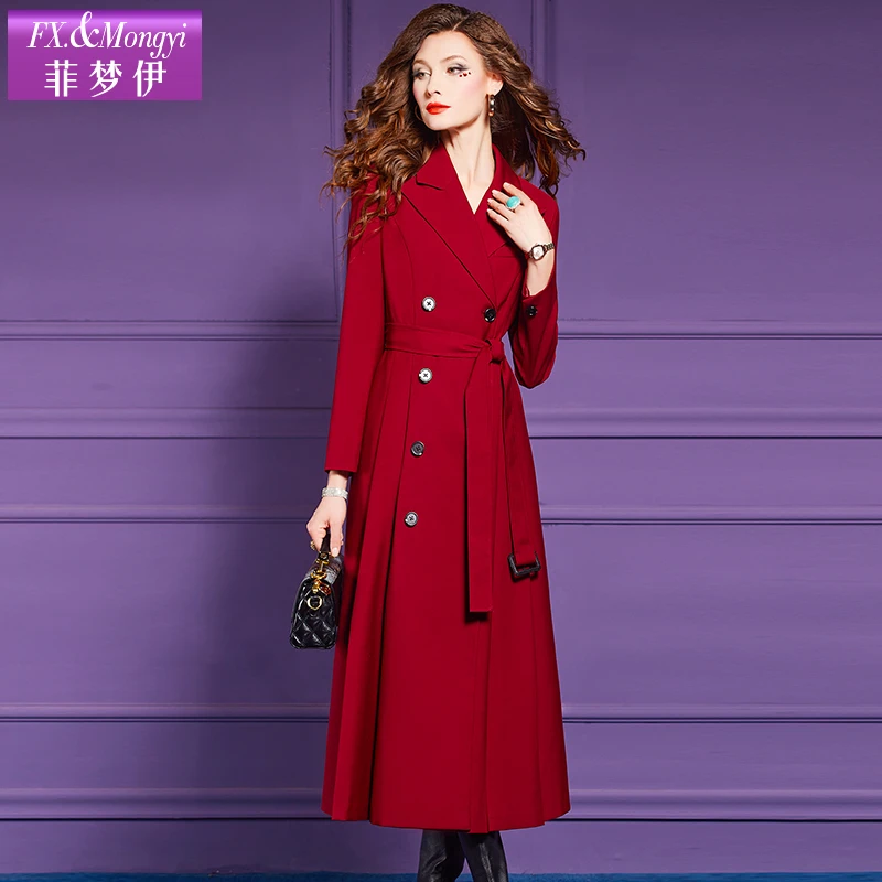 菲梦伊红色西装领风衣外套女中长款冬季英伦风双排扣大衣60657