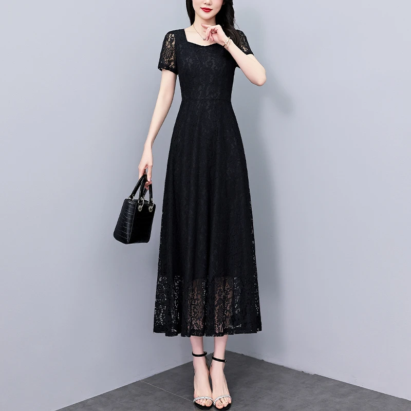 大码气质高级感收腰显瘦蕾丝连衣裙女夏季新款优雅黑色过膝大摆裙