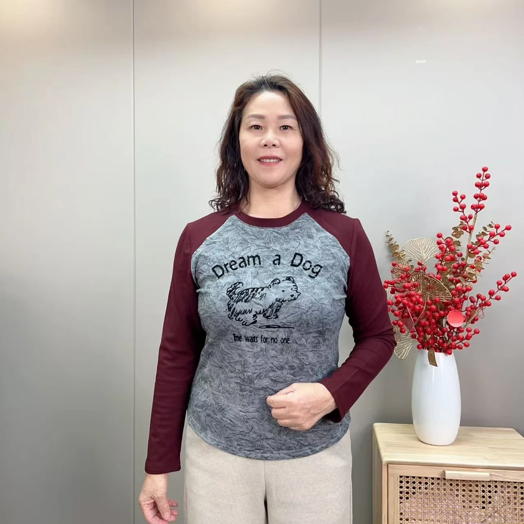长袖植绒字母插肩袖拼色圆领T恤常规款卡通拼接加绒上衣打底
