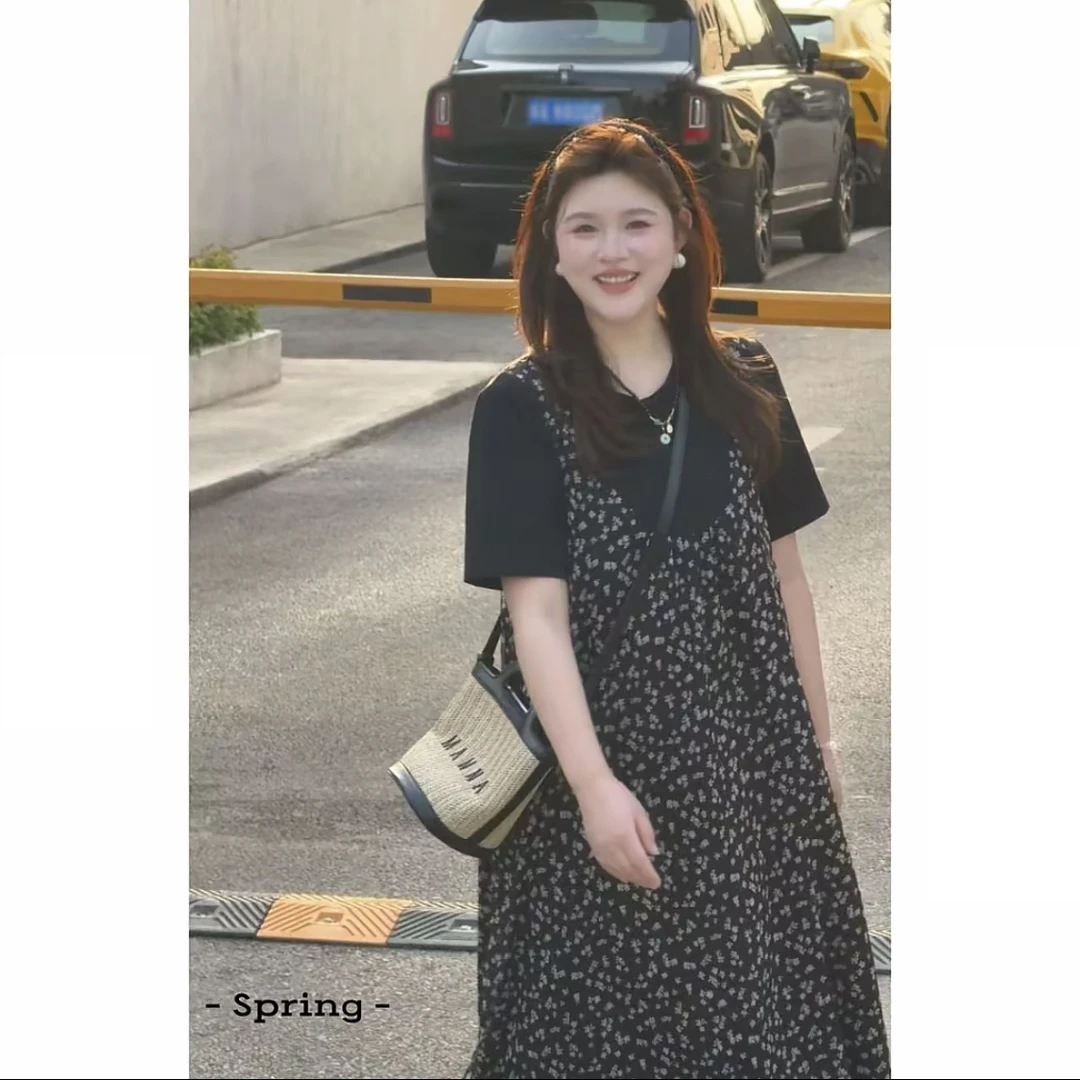 大码法式假两件碎花连衣裙夏季胖mm宽松显瘦长裙纯欲慵懒风女装