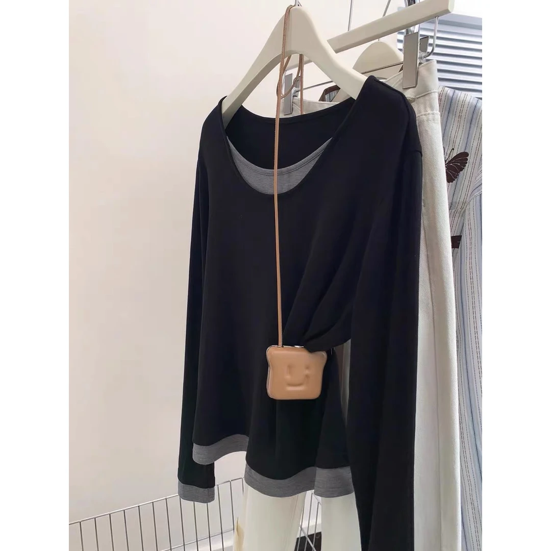 8170#（官图实价）黑色假两件长袖t恤女早秋秋季2025新款短款上衣