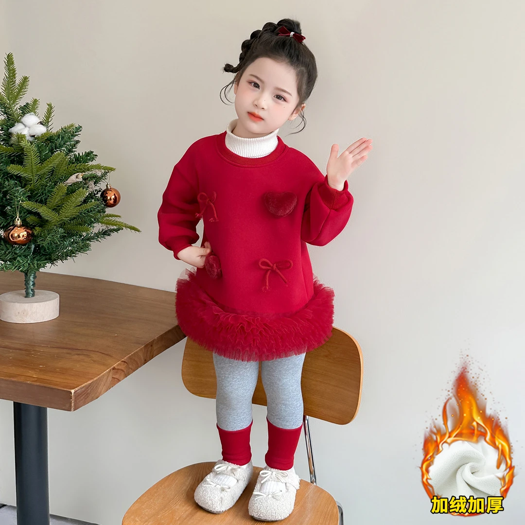 韩版女童洋气爱心蝴蝶结年服套装2025新款儿童冬装小女孩两件套潮