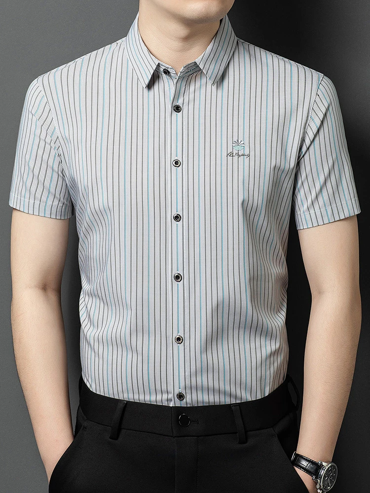 夏季男士短袖衬衣韩版竖条纹轻商务衬衫宽松休闲薄款透气半袖上衣