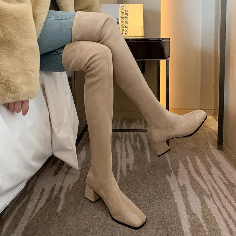 五洋专卖店气质方头过膝靴女2025年秋冬新款弹力长筒靴套筒长靴潮