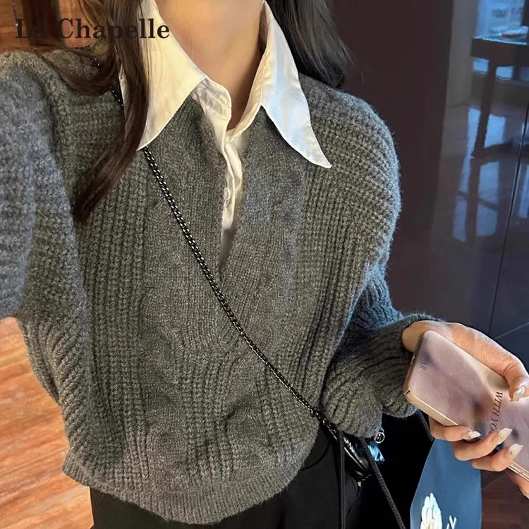 拉夏贝尔灰色假两件POLO领套头毛衣女秋季慵懒风宽松显瘦叠穿上衣
