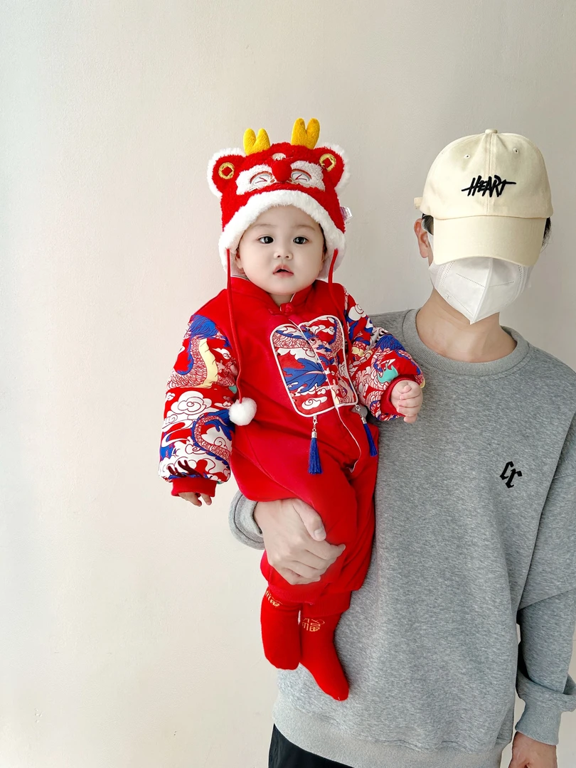 婴儿衣服棉冬季新生儿连体衣满月宝宝百天男孩爬服百日宴周岁礼服