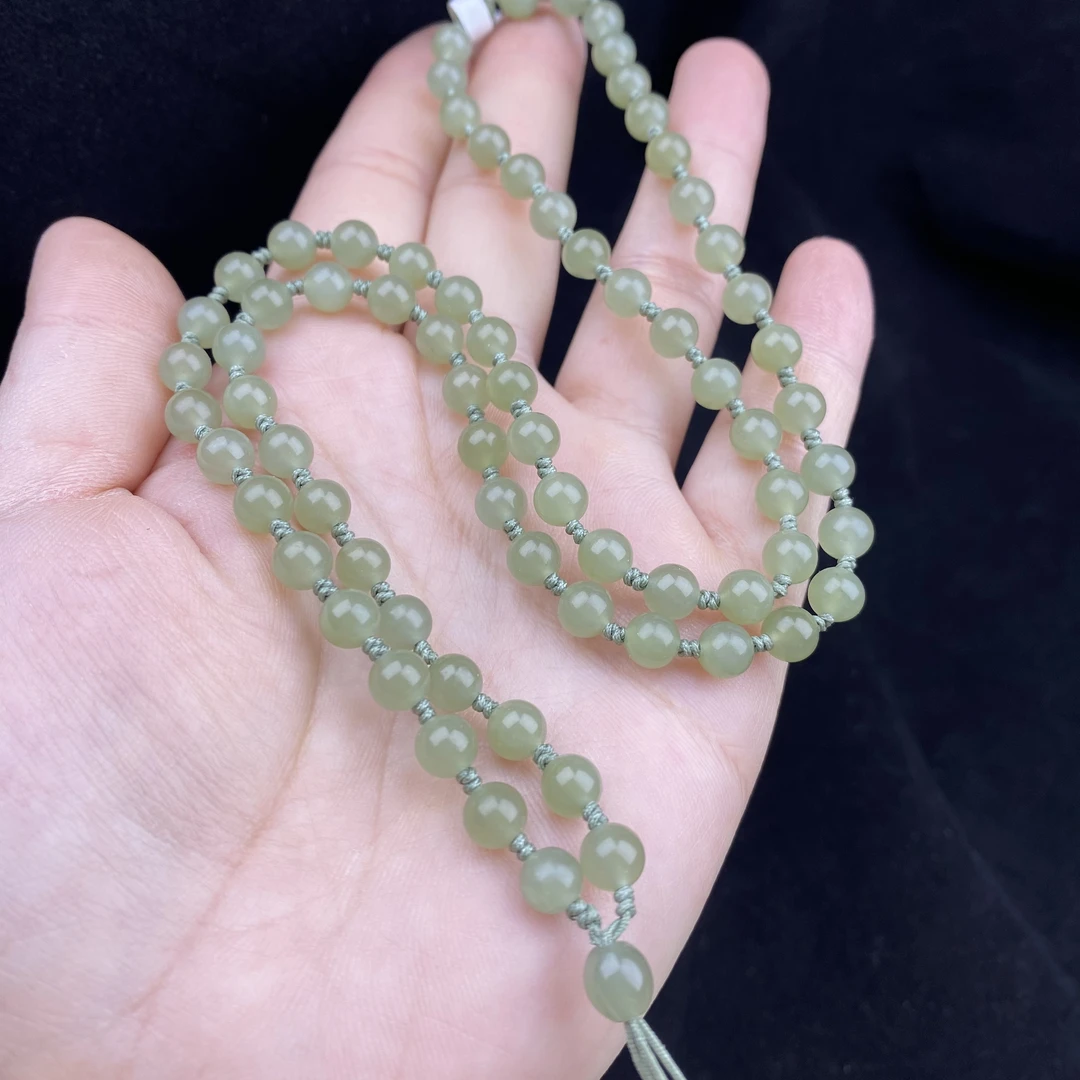 天然和田玉浅青绿晴水6mm圆珠玉石珠链吊坠挂绳天然保真绿色精美