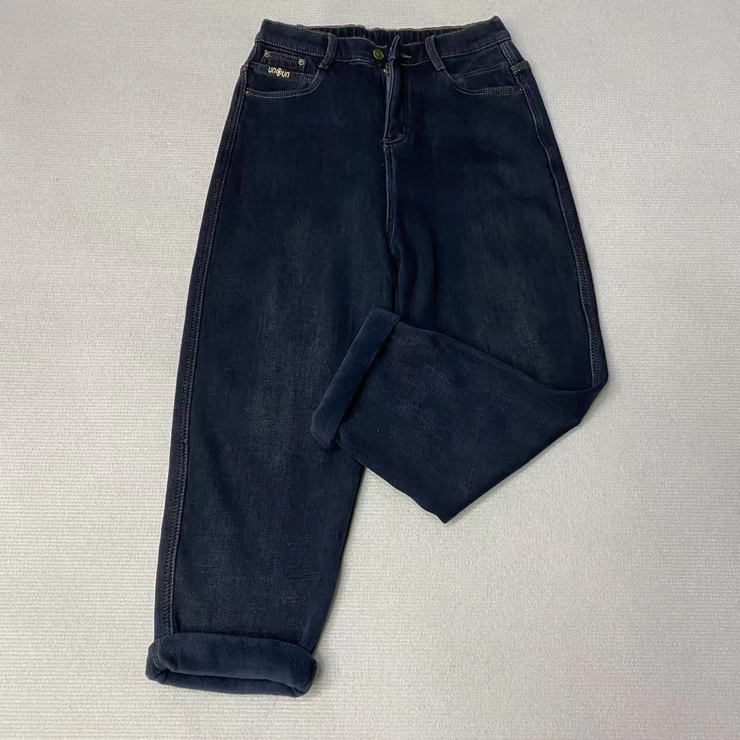 深蓝色高腰加绒窄版牛仔裤女冬季新款韩版弹力显瘦百搭直筒裤5660