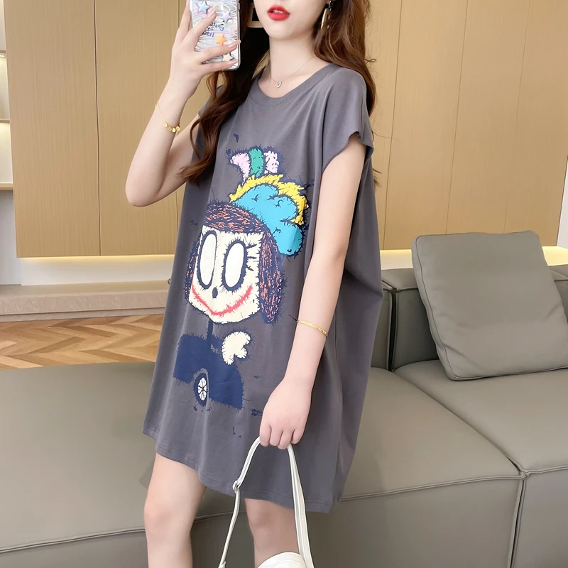 夏装纯棉中长款孕妇遮肚无袖背心宽松遮臀卡通减龄短袖t恤女150斤